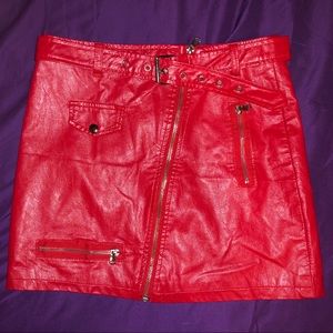 Red leather biker moto mini skirt